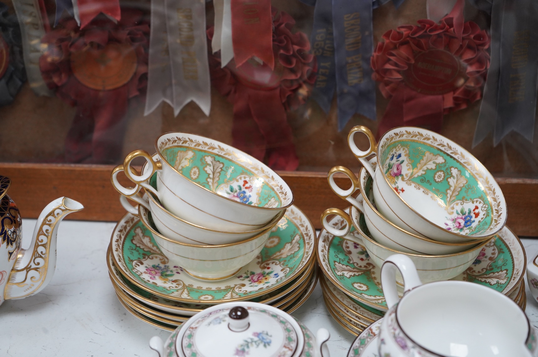 A Wedgwood Kutani crane part tea service, a collection of Cauldon tea wares and two pieces of Crown Derby Imari, largest 27cm in diameter